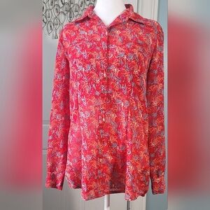 Wrangler Sheer Blouse Women's M Red Teal Purple Orange Abstract Print Long-sleev